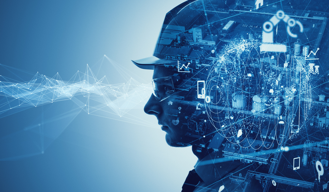 Engineer silhouette overlaid with telecommunications network imagery